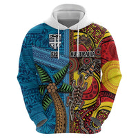 Personalised Australia and Fiji Together Zip Hoodie Tribal Palm Tree with Tapa and Aboriginal Animals Half Style LT03 - Polynesian Pride