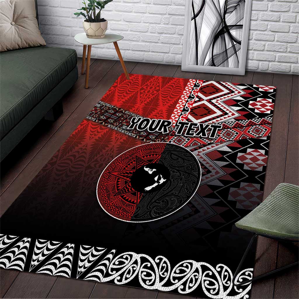 Personalised Aotearoa and Tonga Together Area Rug Manaia and Tongan Tribal Cross - Taniko and Ngatu Art Tattoo LT03 Red - Polynesian Pride