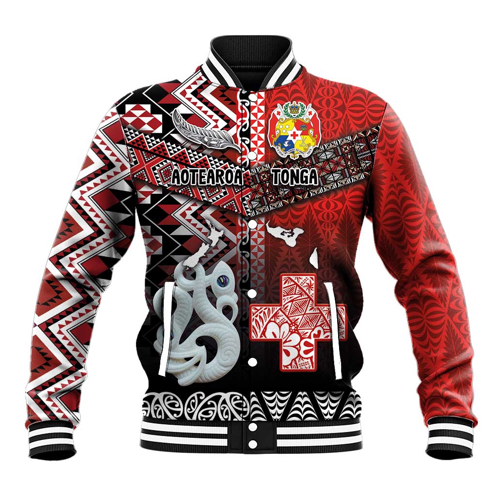 Personalised Aotearoa and Tonga Together Baseball Jacket Manaia and Tongan Tribal Cross - Taniko and Ngatu Art Tattoo LT03 Unisex Red - Polynesian Pride