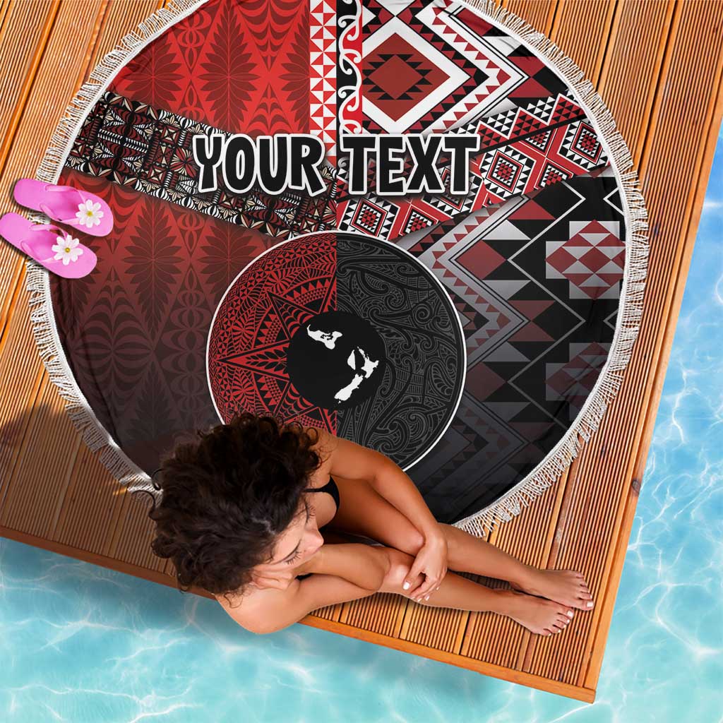 Personalised Aotearoa and Tonga Together Beach Blanket Manaia and Tongan Tribal Cross - Taniko and Ngatu Art Tattoo LT03 - Polynesian Pride