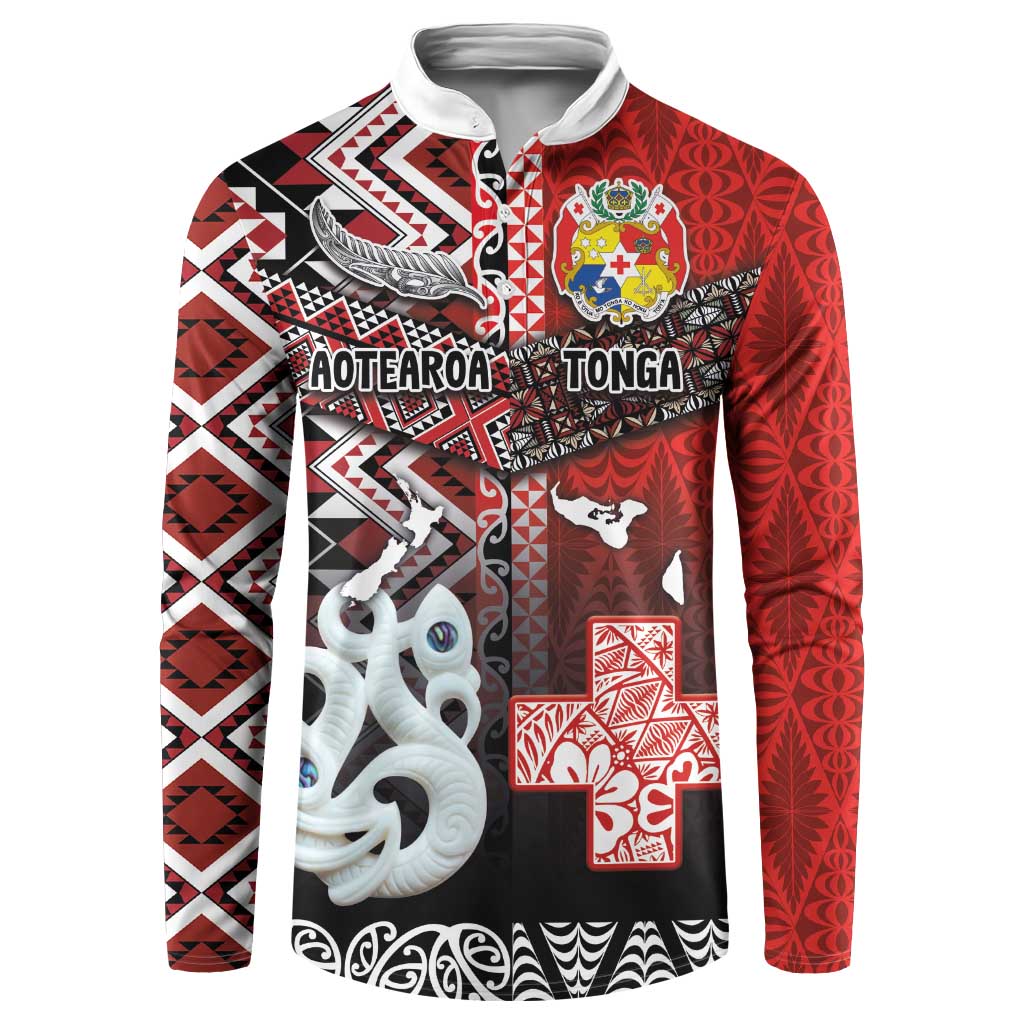 Personalised Aotearoa and Tonga Together Button Sweatshirt Manaia and Tongan Tribal Cross - Taniko and Ngatu Art Tattoo LT03 Red - Polynesian Pride
