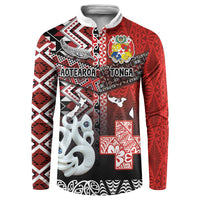 Personalised Aotearoa and Tonga Together Button Sweatshirt Manaia and Tongan Tribal Cross - Taniko and Ngatu Art Tattoo LT03 Red - Polynesian Pride