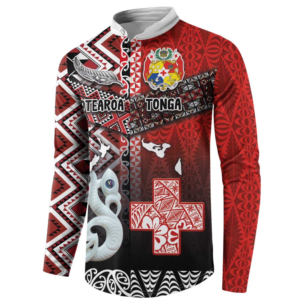 Personalised Aotearoa and Tonga Together Button Sweatshirt Manaia and Tongan Tribal Cross - Taniko and Ngatu Art Tattoo LT03 - Polynesian Pride