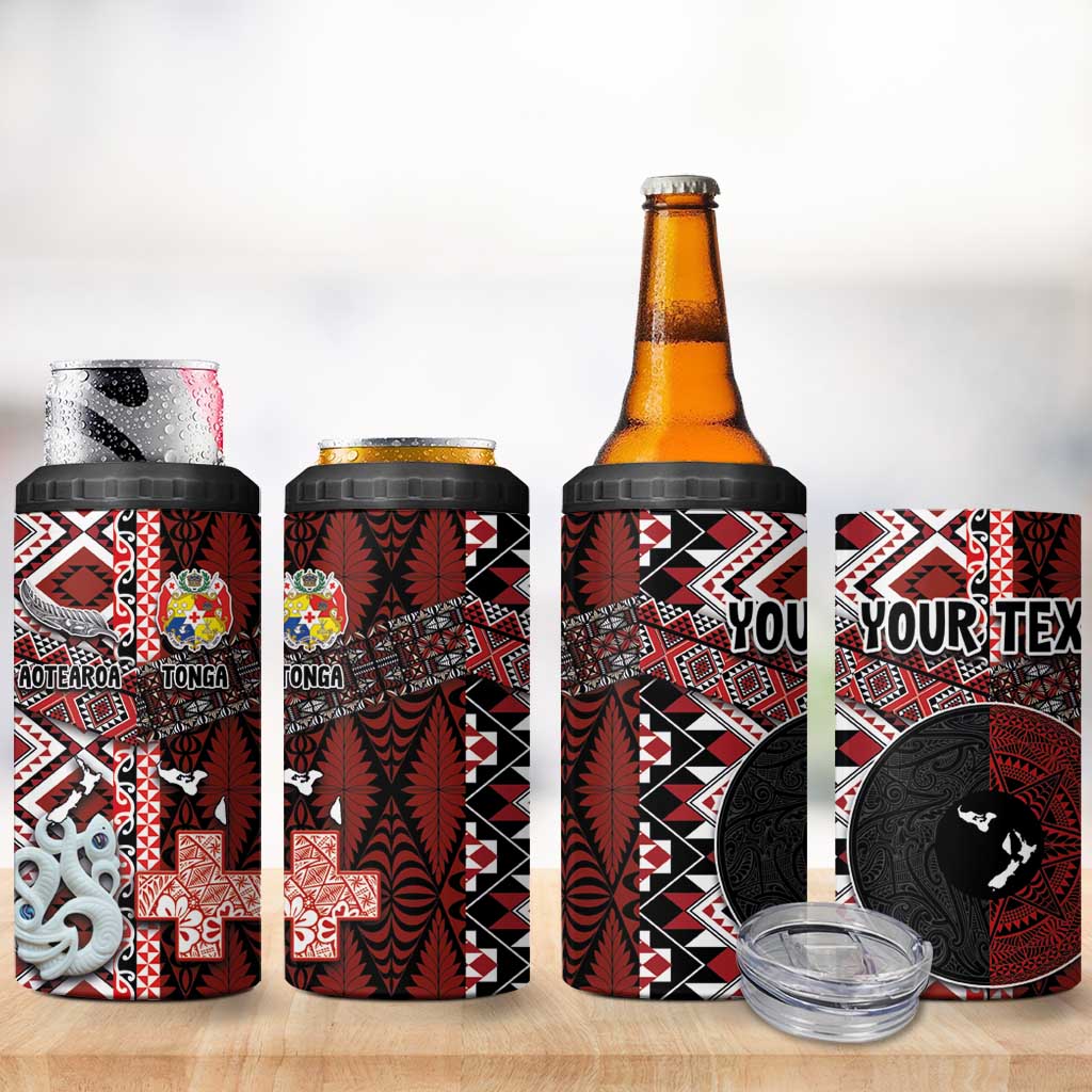 Personalised Aotearoa and Tonga Together 4 in 1 Can Cooler Tumbler Manaia and Tongan Tribal Cross - Taniko and Ngatu Art Tattoo LT03 - Polynesian Pride