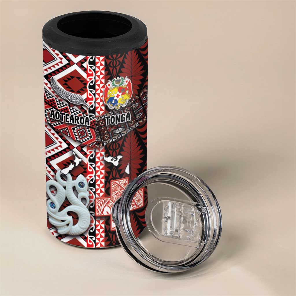 Personalised Aotearoa and Tonga Together 4 in 1 Can Cooler Tumbler Manaia and Tongan Tribal Cross - Taniko and Ngatu Art Tattoo LT03 - Polynesian Pride