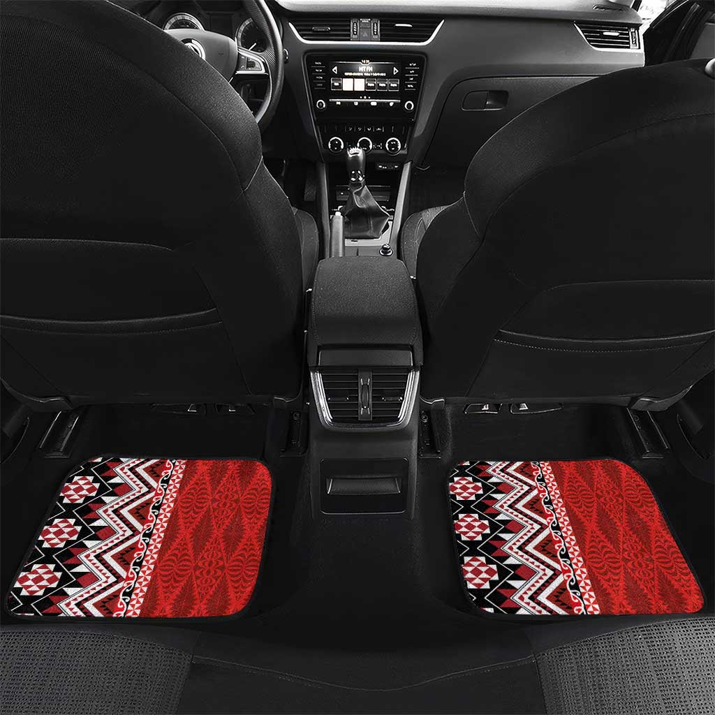 Personalised Aotearoa and Tonga Together Car Mats Manaia and Tongan Tribal Cross - Taniko and Ngatu Art Tattoo LT03 Set 2pcs - Back Red - Polynesian Pride