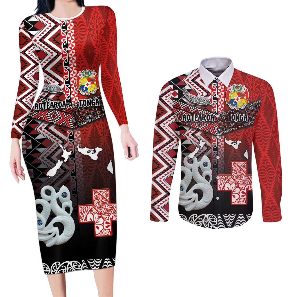 Personalised Aotearoa and Tonga Together Couples Matching Long Sleeve Bodycon Dress and Long Sleeve Button Shirt Manaia and Tongan Tribal Cross - Taniko and Ngatu Art Tattoo LT03 Red - Polynesian Pride