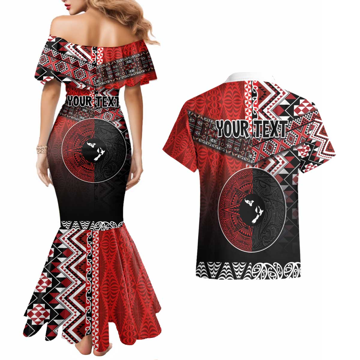 Personalised Aotearoa and Tonga Together Couples Matching Mermaid Dress and Hawaiian Shirt Manaia and Tongan Tribal Cross - Taniko and Ngatu Art Tattoo LT03 - Polynesian Pride