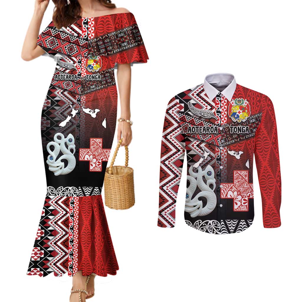 Personalised Aotearoa and Tonga Together Couples Matching Mermaid Dress and Long Sleeve Button Shirt Manaia and Tongan Tribal Cross - Taniko and Ngatu Art Tattoo LT03 Red - Polynesian Pride