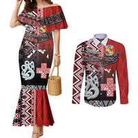 Personalised Aotearoa and Tonga Together Couples Matching Mermaid Dress and Long Sleeve Button Shirt Manaia and Tongan Tribal Cross - Taniko and Ngatu Art Tattoo LT03 Red - Polynesian Pride