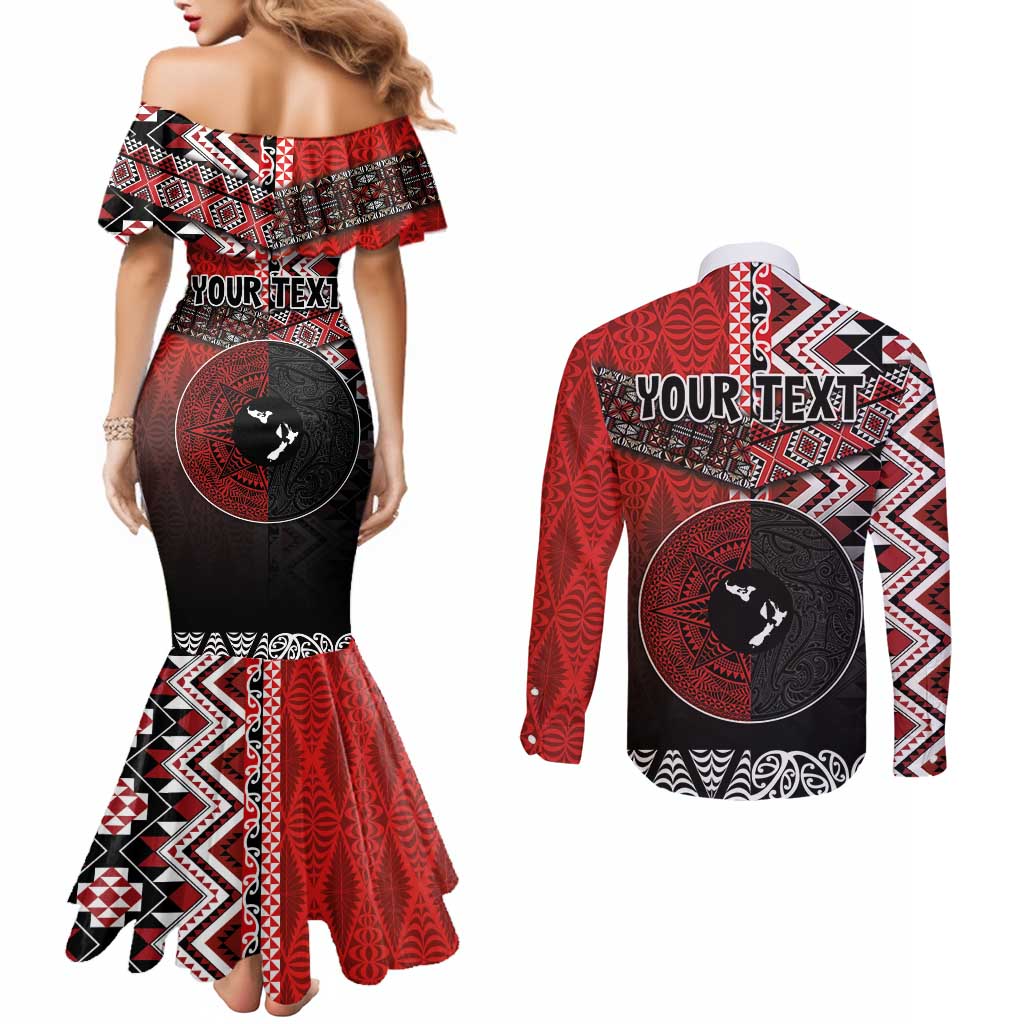 Personalised Aotearoa and Tonga Together Couples Matching Mermaid Dress and Long Sleeve Button Shirt Manaia and Tongan Tribal Cross - Taniko and Ngatu Art Tattoo LT03 - Polynesian Pride