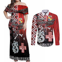 Personalised Aotearoa and Tonga Together Couples Matching Off Shoulder Maxi Dress and Long Sleeve Button Shirt Manaia and Tongan Tribal Cross - Taniko and Ngatu Art Tattoo LT03 Red - Polynesian Pride