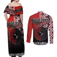 Personalised Aotearoa and Tonga Together Couples Matching Off Shoulder Maxi Dress and Long Sleeve Button Shirt Manaia and Tongan Tribal Cross - Taniko and Ngatu Art Tattoo LT03 - Polynesian Pride