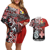Personalised Aotearoa and Tonga Together Couples Matching Off Shoulder Short Dress and Hawaiian Shirt Manaia and Tongan Tribal Cross - Taniko and Ngatu Art Tattoo LT03 Red - Polynesian Pride