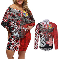 Personalised Aotearoa and Tonga Together Couples Matching Off Shoulder Short Dress and Long Sleeve Button Shirt Manaia and Tongan Tribal Cross - Taniko and Ngatu Art Tattoo LT03 Red - Polynesian Pride