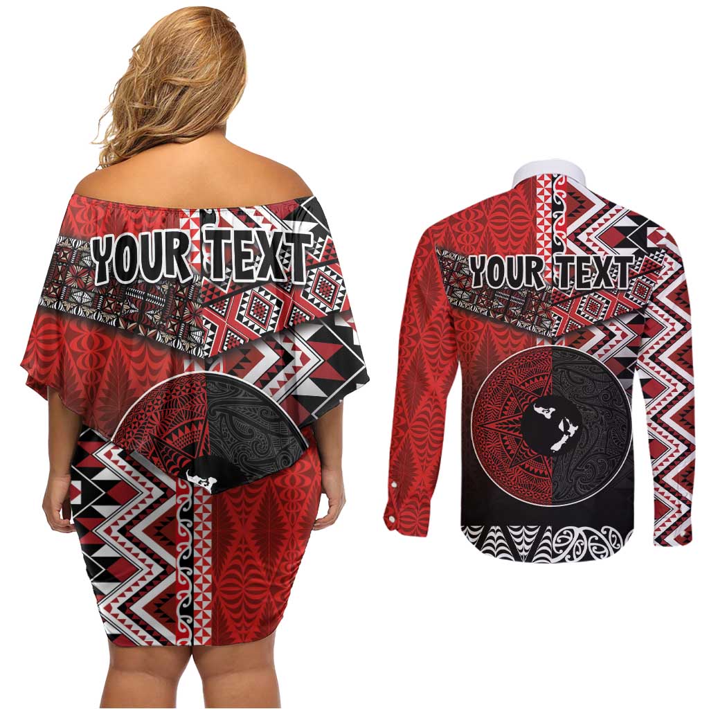 Personalised Aotearoa and Tonga Together Couples Matching Off Shoulder Short Dress and Long Sleeve Button Shirt Manaia and Tongan Tribal Cross - Taniko and Ngatu Art Tattoo LT03 - Polynesian Pride