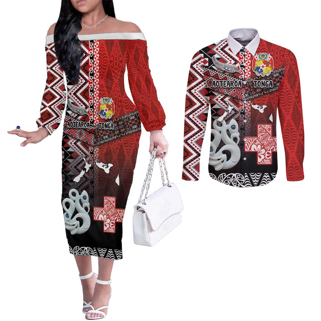 Personalised Aotearoa and Tonga Together Couples Matching Off The Shoulder Long Sleeve Dress and Long Sleeve Button Shirt Manaia and Tongan Tribal Cross - Taniko and Ngatu Art Tattoo LT03 Red - Polynesian Pride