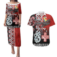 Personalised Aotearoa and Tonga Together Couples Matching Puletasi and Hawaiian Shirt Manaia and Tongan Tribal Cross - Taniko and Ngatu Art Tattoo LT03 Red - Polynesian Pride