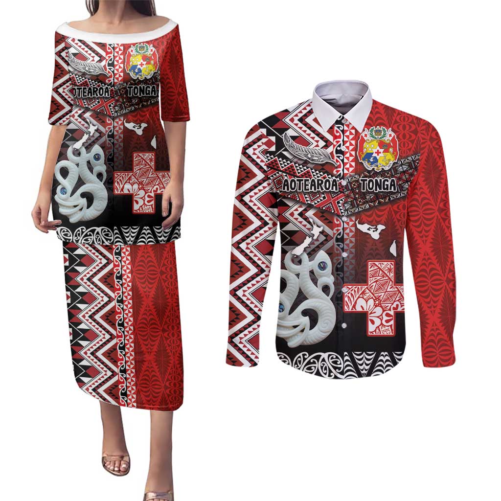 Personalised Aotearoa and Tonga Together Couples Matching Puletasi and Long Sleeve Button Shirt Manaia and Tongan Tribal Cross - Taniko and Ngatu Art Tattoo LT03 Red - Polynesian Pride