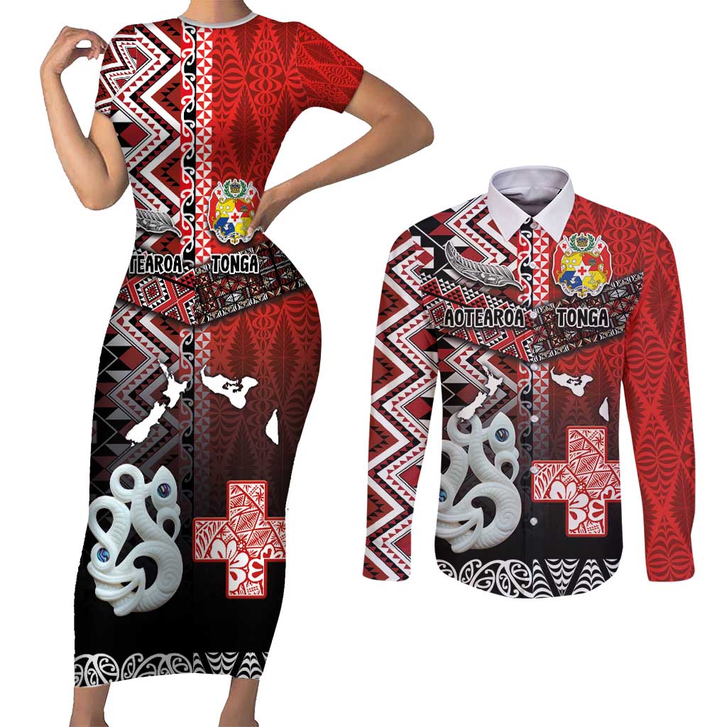 Personalised Aotearoa and Tonga Together Couples Matching Short Sleeve Bodycon Dress and Long Sleeve Button Shirt Manaia and Tongan Tribal Cross - Taniko and Ngatu Art Tattoo LT03 Red - Polynesian Pride