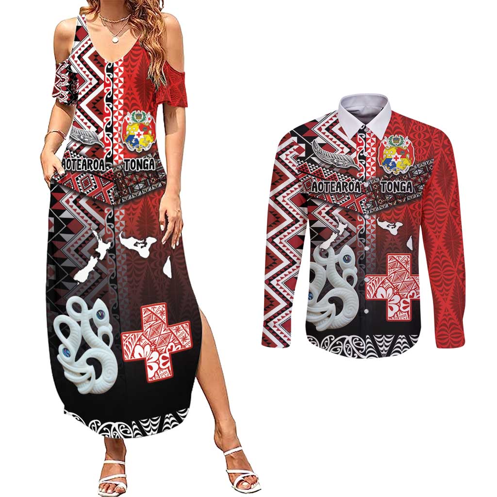 Personalised Aotearoa and Tonga Together Couples Matching Summer Maxi Dress and Long Sleeve Button Shirt Manaia and Tongan Tribal Cross - Taniko and Ngatu Art Tattoo LT03 Red - Polynesian Pride
