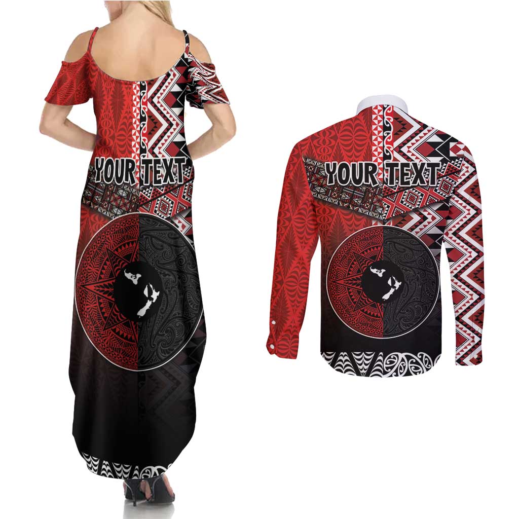 Personalised Aotearoa and Tonga Together Couples Matching Summer Maxi Dress and Long Sleeve Button Shirt Manaia and Tongan Tribal Cross - Taniko and Ngatu Art Tattoo LT03 - Polynesian Pride