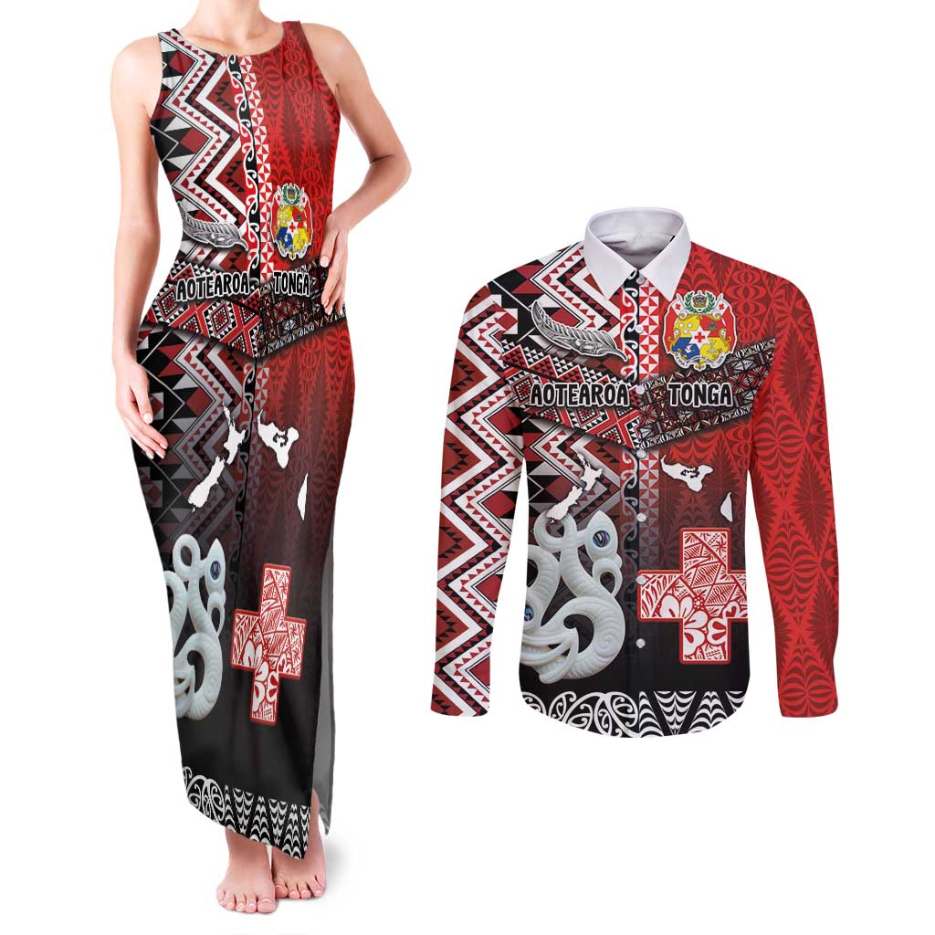 Personalised Aotearoa and Tonga Together Couples Matching Tank Maxi Dress and Long Sleeve Button Shirt Manaia and Tongan Tribal Cross - Taniko and Ngatu Art Tattoo LT03 Red - Polynesian Pride