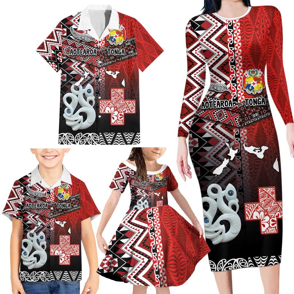 Personalised Aotearoa and Tonga Together Family Matching Long Sleeve Bodycon Dress and Hawaiian Shirt Manaia and Tongan Tribal Cross - Taniko and Ngatu Art Tattoo LT03 - Polynesian Pride