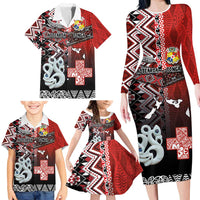 Personalised Aotearoa and Tonga Together Family Matching Long Sleeve Bodycon Dress and Hawaiian Shirt Manaia and Tongan Tribal Cross - Taniko and Ngatu Art Tattoo LT03 - Polynesian Pride
