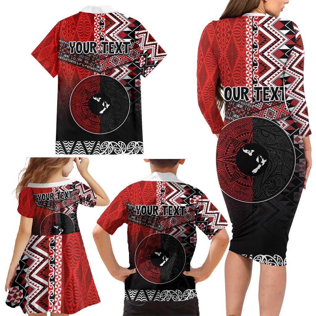 Personalised Aotearoa and Tonga Together Family Matching Long Sleeve Bodycon Dress and Hawaiian Shirt Manaia and Tongan Tribal Cross - Taniko and Ngatu Art Tattoo LT03 - Polynesian Pride