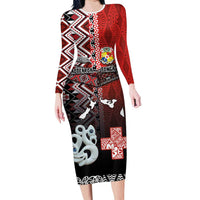 Personalised Aotearoa and Tonga Together Family Matching Long Sleeve Bodycon Dress and Hawaiian Shirt Manaia and Tongan Tribal Cross - Taniko and Ngatu Art Tattoo LT03 Mom's Dress Red - Polynesian Pride