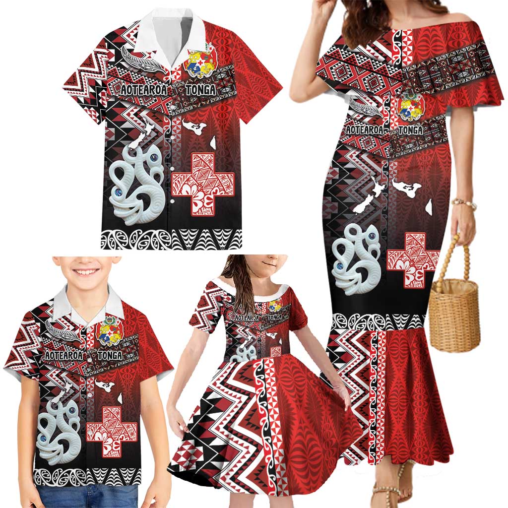 Personalised Aotearoa and Tonga Together Family Matching Mermaid Dress and Hawaiian Shirt Manaia and Tongan Tribal Cross - Taniko and Ngatu Art Tattoo LT03 - Polynesian Pride