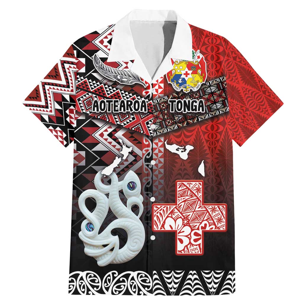Personalised Aotearoa and Tonga Together Family Matching Mermaid Dress and Hawaiian Shirt Manaia and Tongan Tribal Cross - Taniko and Ngatu Art Tattoo LT03 Dad's Shirt - Short Sleeve Red - Polynesian Pride