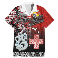 Personalised Aotearoa and Tonga Together Family Matching Mermaid Dress and Hawaiian Shirt Manaia and Tongan Tribal Cross - Taniko and Ngatu Art Tattoo LT03 Dad's Shirt - Short Sleeve Red - Polynesian Pride