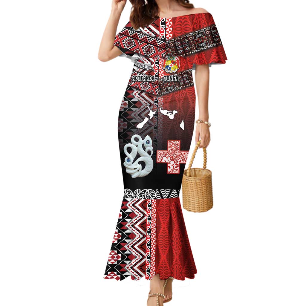 Personalised Aotearoa and Tonga Together Family Matching Mermaid Dress and Hawaiian Shirt Manaia and Tongan Tribal Cross - Taniko and Ngatu Art Tattoo LT03 Mom's Dress Red - Polynesian Pride