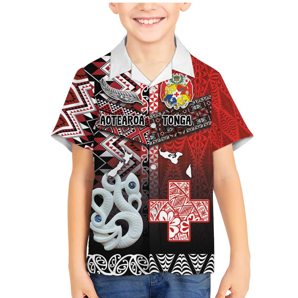 Personalised Aotearoa and Tonga Together Family Matching Mermaid Dress and Hawaiian Shirt Manaia and Tongan Tribal Cross - Taniko and Ngatu Art Tattoo LT03 Son's Shirt Red - Polynesian Pride