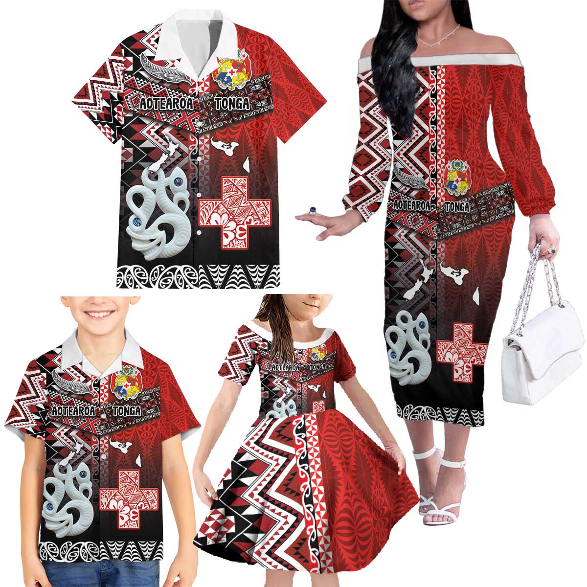 Personalised Aotearoa and Tonga Together Family Matching Off The Shoulder Long Sleeve Dress and Hawaiian Shirt Manaia and Tongan Tribal Cross - Taniko and Ngatu Art Tattoo LT03 - Polynesian Pride