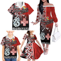 Personalised Aotearoa and Tonga Together Family Matching Off The Shoulder Long Sleeve Dress and Hawaiian Shirt Manaia and Tongan Tribal Cross - Taniko and Ngatu Art Tattoo LT03 - Polynesian Pride