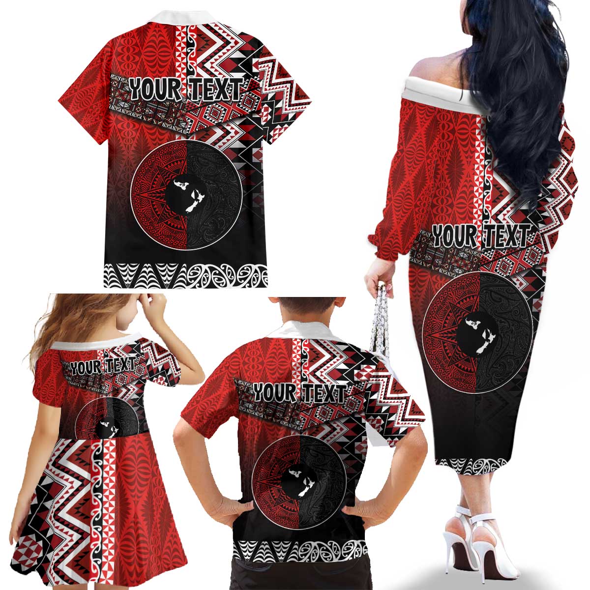 Personalised Aotearoa and Tonga Together Family Matching Off The Shoulder Long Sleeve Dress and Hawaiian Shirt Manaia and Tongan Tribal Cross - Taniko and Ngatu Art Tattoo LT03 - Polynesian Pride