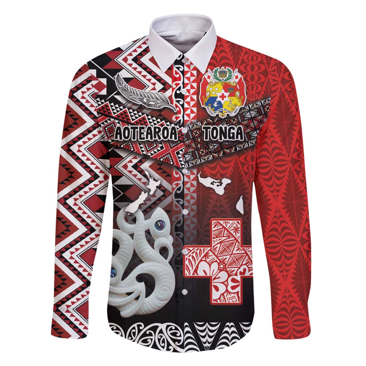 Personalised Aotearoa and Tonga Together Family Matching Off The Shoulder Long Sleeve Dress and Hawaiian Shirt Manaia and Tongan Tribal Cross - Taniko and Ngatu Art Tattoo LT03 Dad's Shirt - Long Sleeve Red - Polynesian Pride