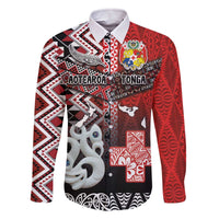 Personalised Aotearoa and Tonga Together Family Matching Off The Shoulder Long Sleeve Dress and Hawaiian Shirt Manaia and Tongan Tribal Cross - Taniko and Ngatu Art Tattoo LT03 Dad's Shirt - Long Sleeve Red - Polynesian Pride
