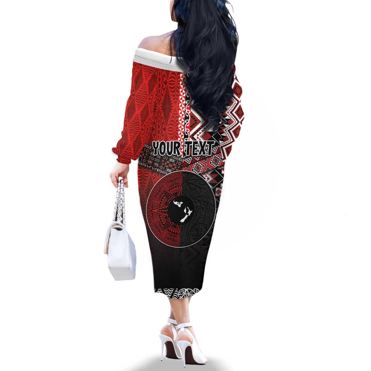 Personalised Aotearoa and Tonga Together Family Matching Off The Shoulder Long Sleeve Dress and Hawaiian Shirt Manaia and Tongan Tribal Cross - Taniko and Ngatu Art Tattoo LT03 - Polynesian Pride