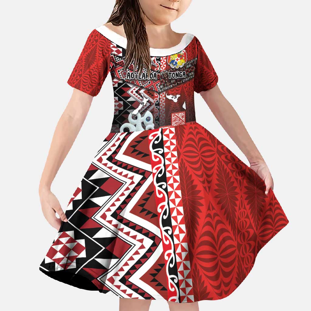 Personalised Aotearoa and Tonga Together Family Matching Off Shoulder Maxi Dress and Hawaiian Shirt Manaia and Tongan Tribal Cross - Taniko and Ngatu Art Tattoo LT03 Daughter's Dress Red - Polynesian Pride