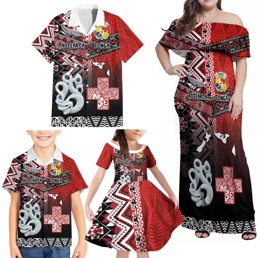 Personalised Aotearoa and Tonga Together Family Matching Off Shoulder Maxi Dress and Hawaiian Shirt Manaia and Tongan Tribal Cross - Taniko and Ngatu Art Tattoo LT03 - Polynesian Pride