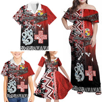 Personalised Aotearoa and Tonga Together Family Matching Off Shoulder Maxi Dress and Hawaiian Shirt Manaia and Tongan Tribal Cross - Taniko and Ngatu Art Tattoo LT03 - Polynesian Pride