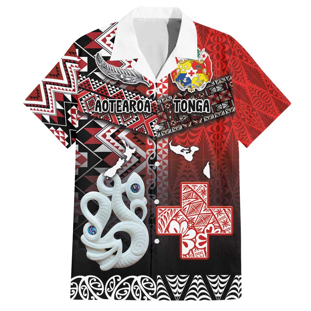 Personalised Aotearoa and Tonga Together Family Matching Off Shoulder Short Dress and Hawaiian Shirt Manaia and Tongan Tribal Cross - Taniko and Ngatu Art Tattoo LT03 Dad's Shirt - Short Sleeve Red - Polynesian Pride