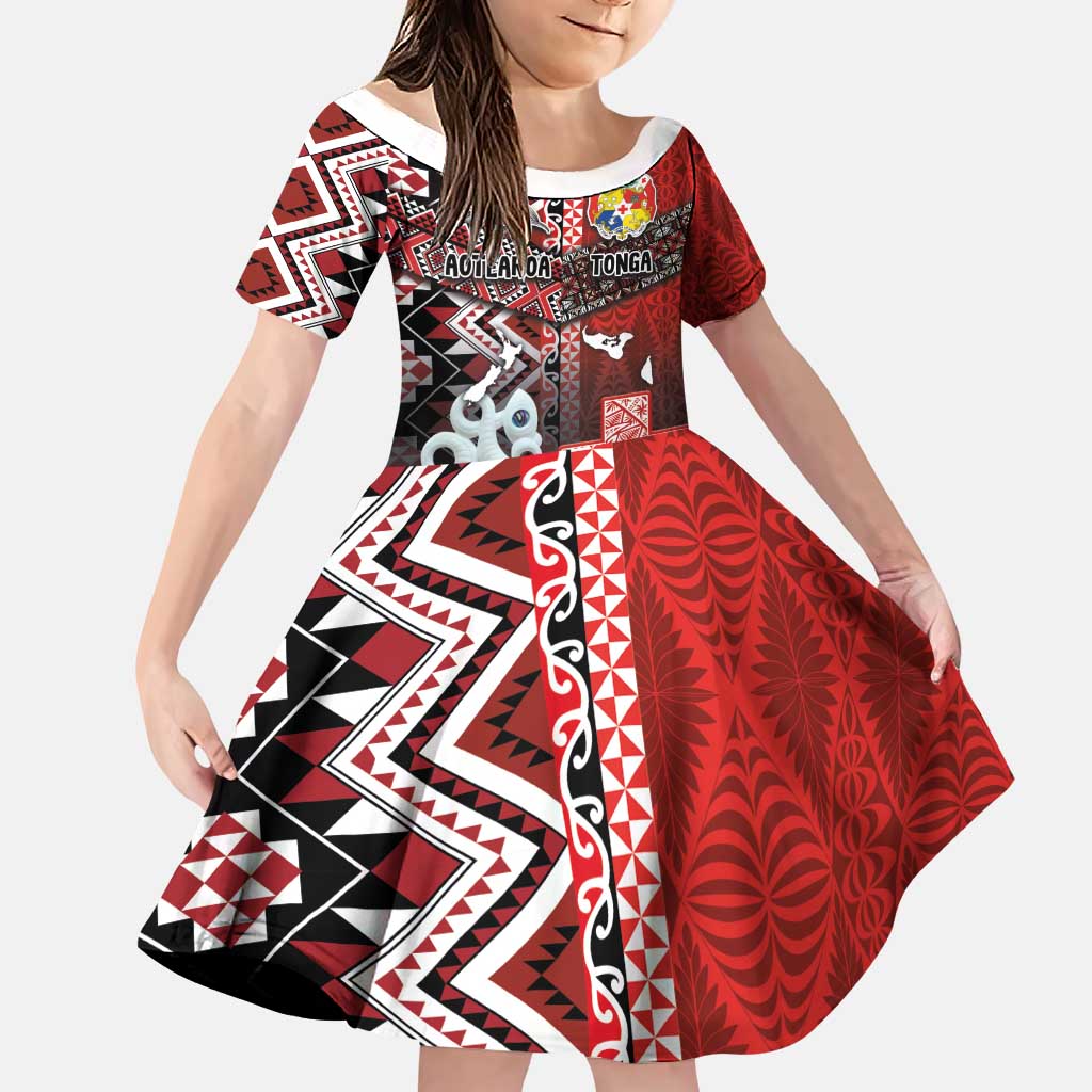 Personalised Aotearoa and Tonga Together Family Matching Puletasi and Hawaiian Shirt Manaia and Tongan Tribal Cross - Taniko and Ngatu Art Tattoo LT03 Daughter's Dress Red - Polynesian Pride