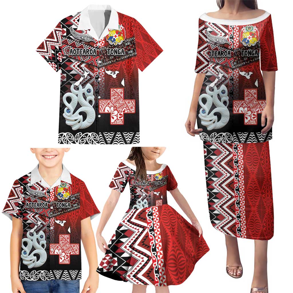 Personalised Aotearoa and Tonga Together Family Matching Puletasi and Hawaiian Shirt Manaia and Tongan Tribal Cross - Taniko and Ngatu Art Tattoo LT03 - Polynesian Pride