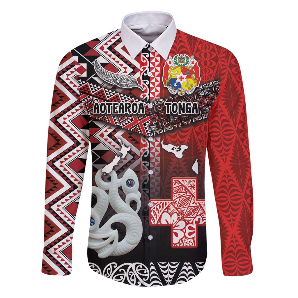 Personalised Aotearoa and Tonga Together Family Matching Puletasi and Hawaiian Shirt Manaia and Tongan Tribal Cross - Taniko and Ngatu Art Tattoo LT03 Dad's Shirt - Long Sleeve Red - Polynesian Pride