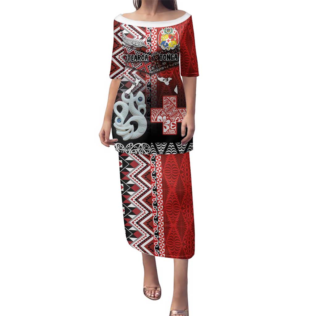 Personalised Aotearoa and Tonga Together Family Matching Puletasi and Hawaiian Shirt Manaia and Tongan Tribal Cross - Taniko and Ngatu Art Tattoo LT03 Mom's Dress Red - Polynesian Pride